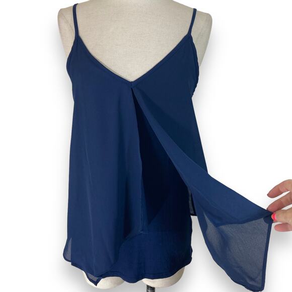 Navy blue chiffon overlay camisole by Green Envelope, Size small Fly Away top - Picture 2 of 8